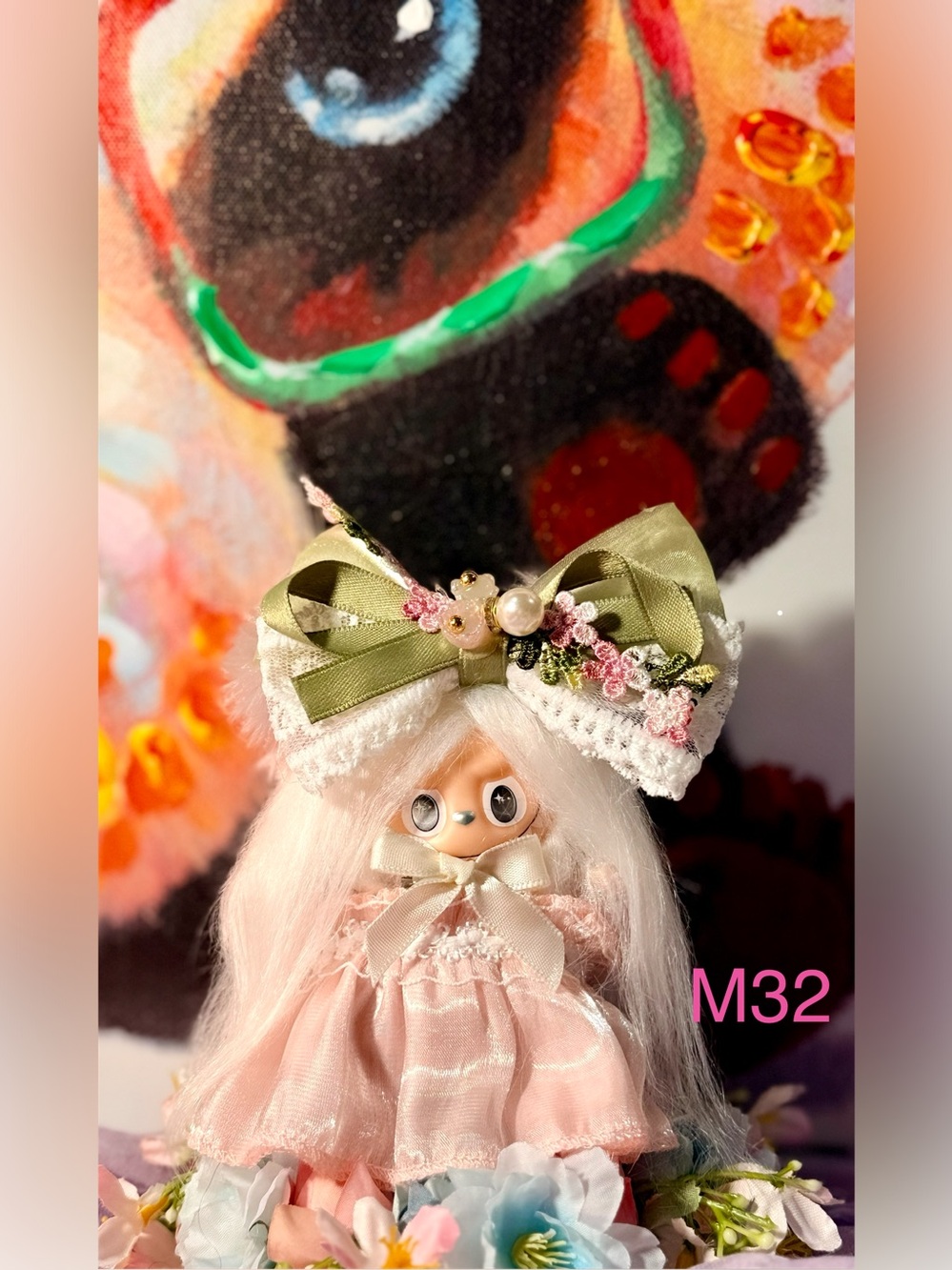 Moussy Pink Doll with Olive Green Floral Bow